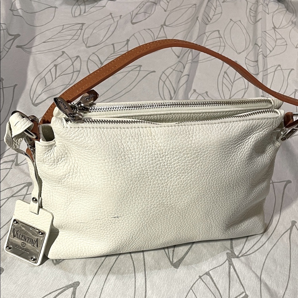 Valentina Italia white Leather Shoulder Bag with Tan Handle